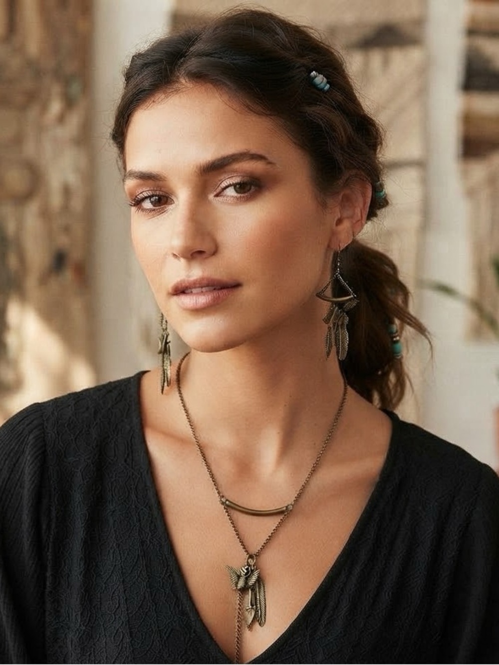 Boho Antique Brass Bird & Feather Charm Necklace & Earring Set